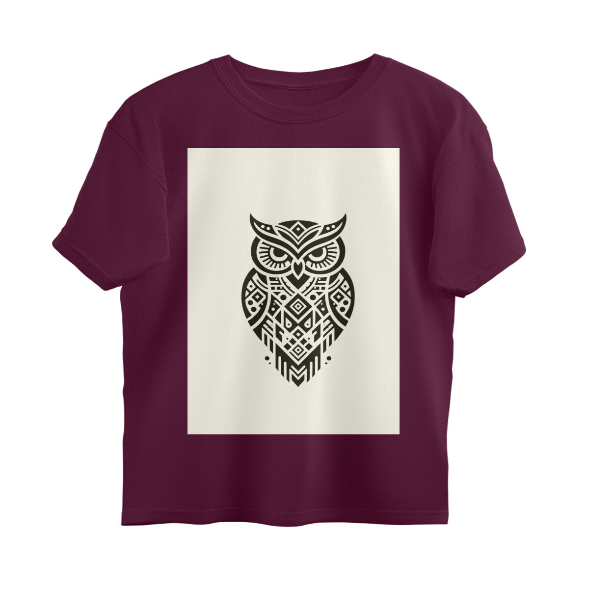 Front View - Tribal Owl — Oversized Tee Burgundy
