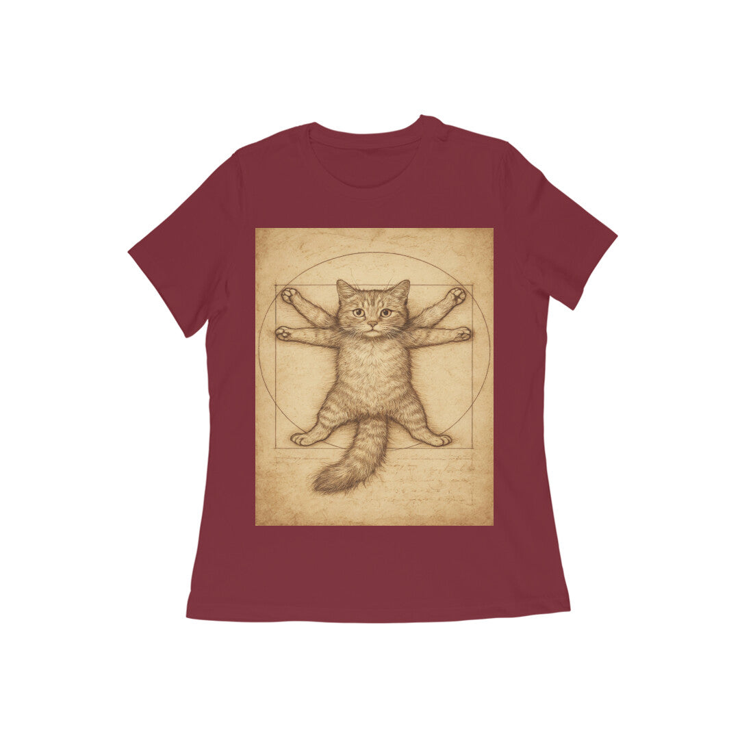 Front View - Feline Vitruvian — Women’s Tee Maroon