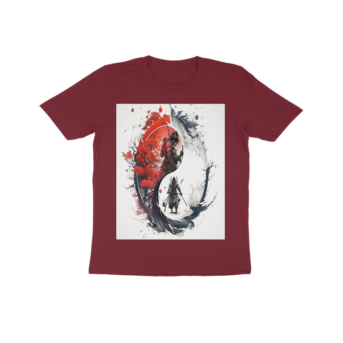 Front View - Samurai Yin Yang — Kids Tee Maroon