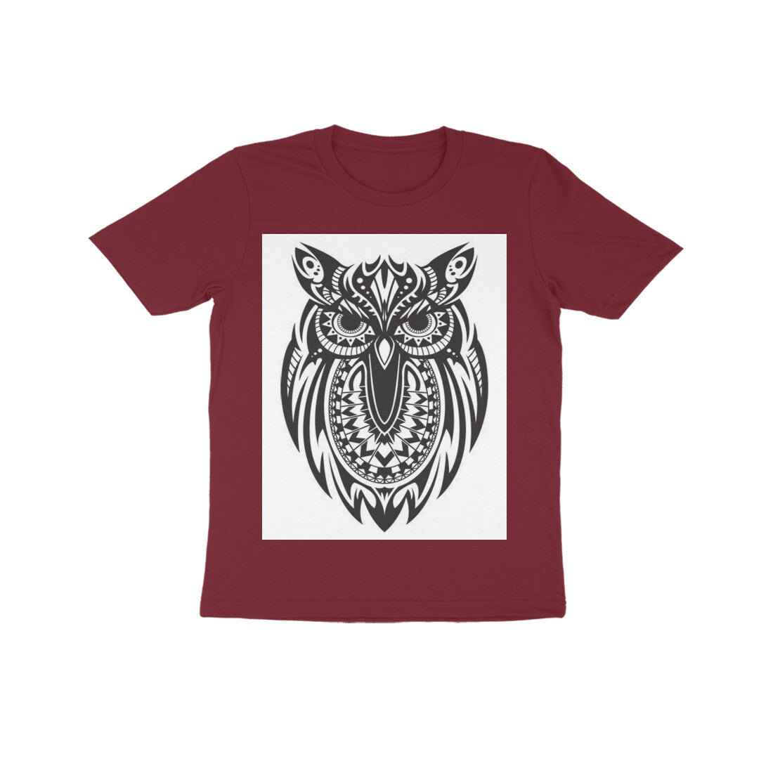 Front View - Owl Totem — Kids Tee Maroon