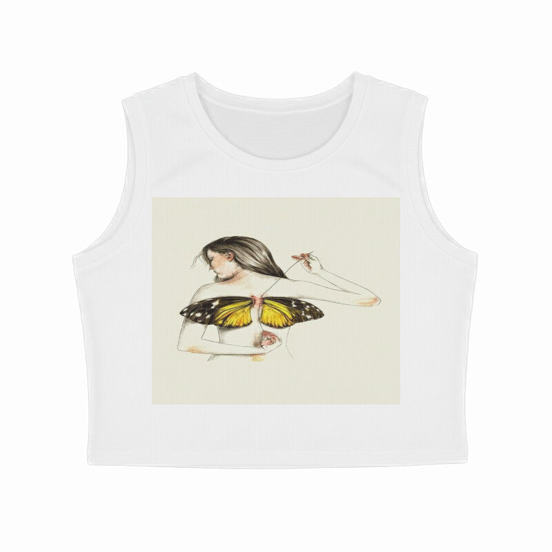 Front View - Metamorphosis Stitch — Crop Tank Top White