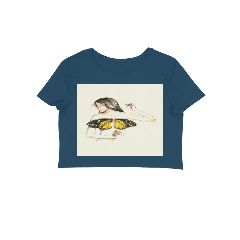 Front View - Metamorphosis Stitch — Crop Top Navy Blue