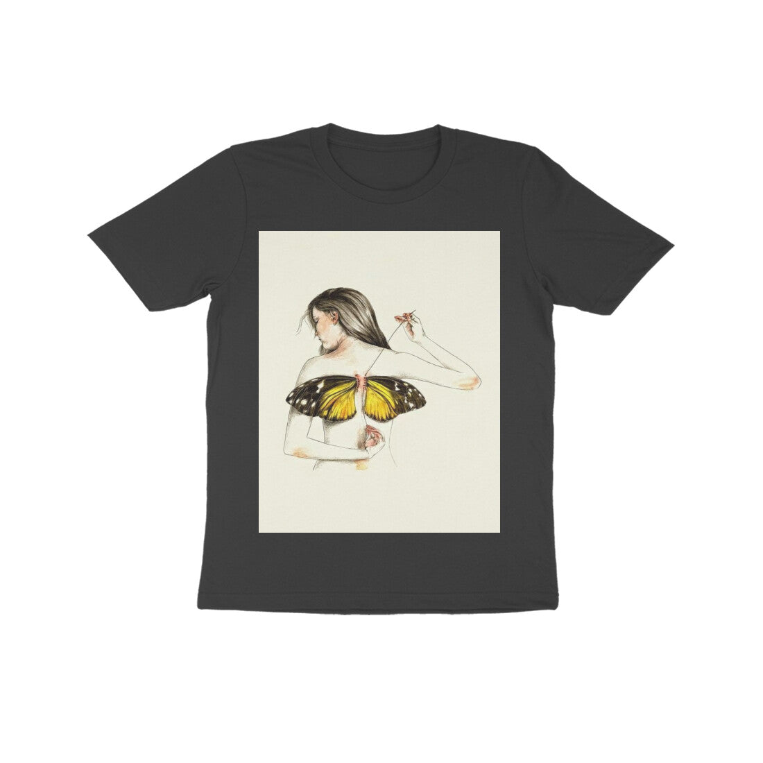 Front View - Metamorphosis Stitch — Kids Tee Black