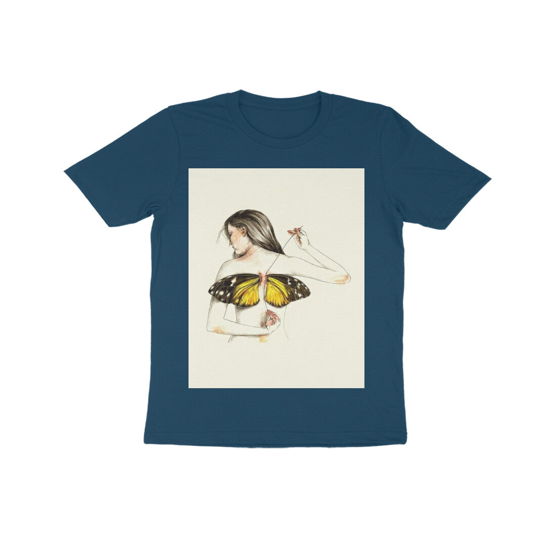 Front View - Metamorphosis Stitch — Kids Tee Navy Blue