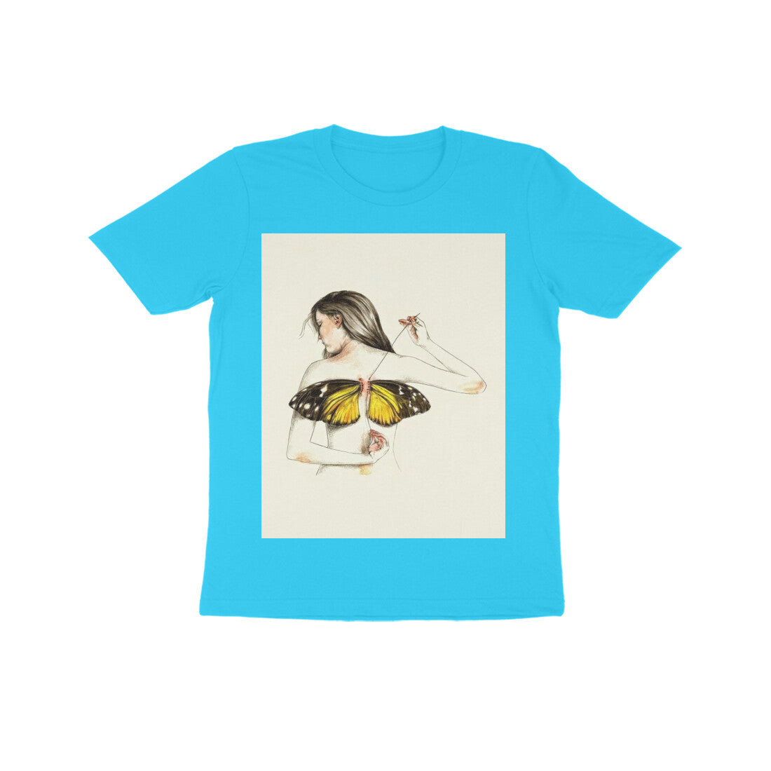 Front View - Metamorphosis Stitch — Kids Tee Sky Blue
