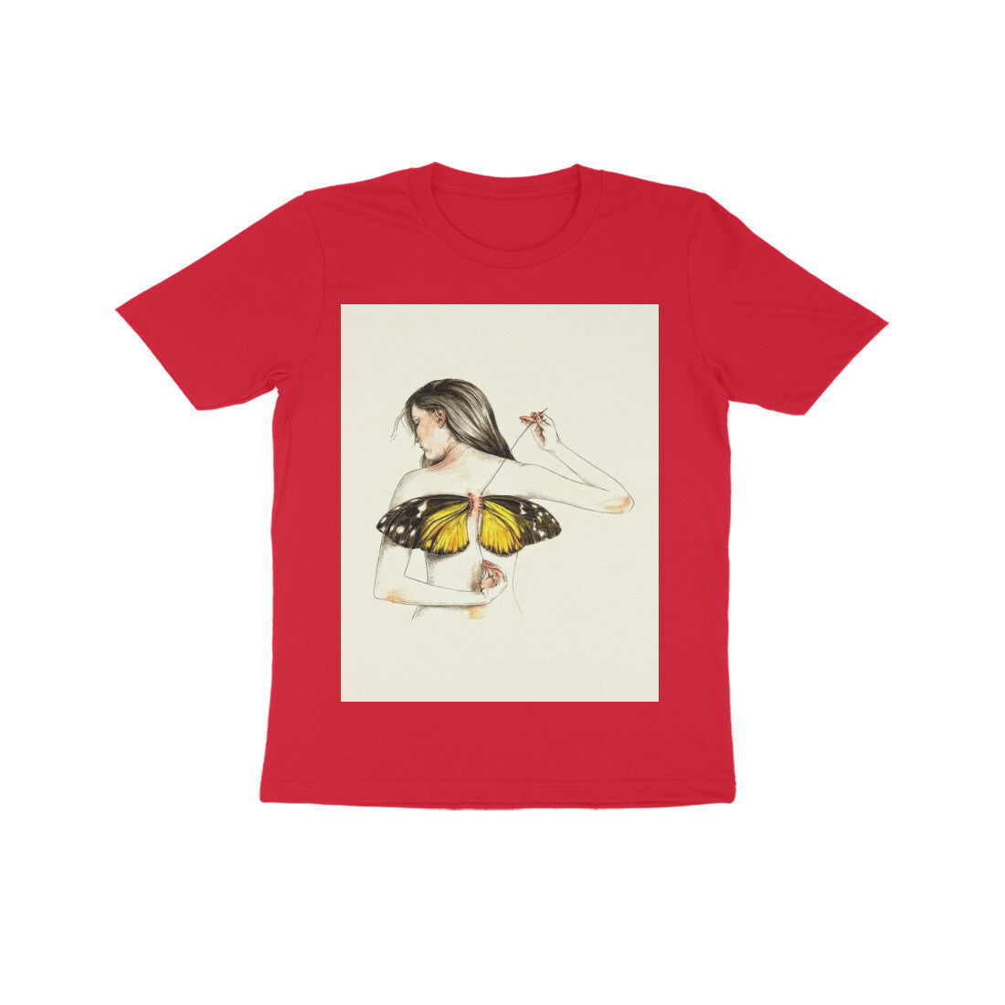 Front View - Metamorphosis Stitch — Kids Tee Red