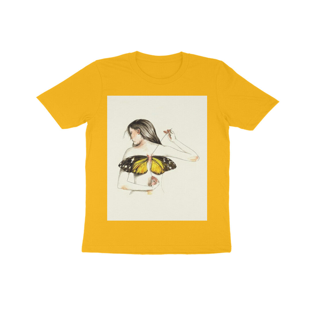 Front View - Metamorphosis Stitch — Kids Tee Golden Yellow