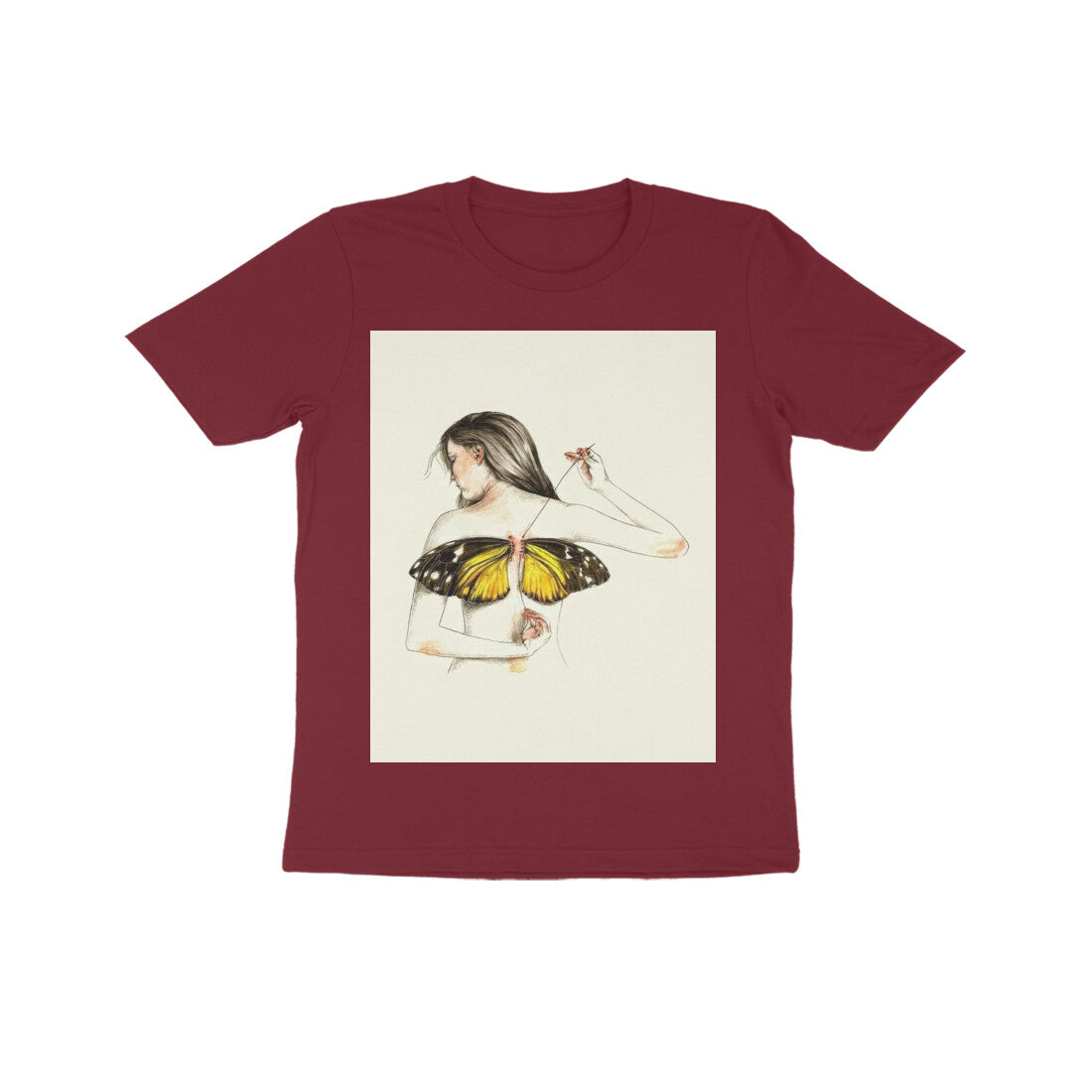Front View - Metamorphosis Stitch — Kids Tee Maroon