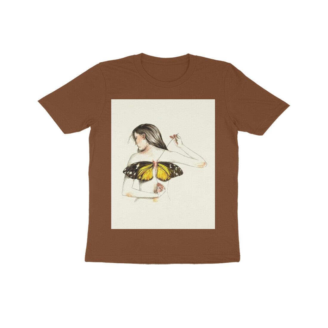 Front View - Metamorphosis Stitch — Kids Tee Coffee Brown
