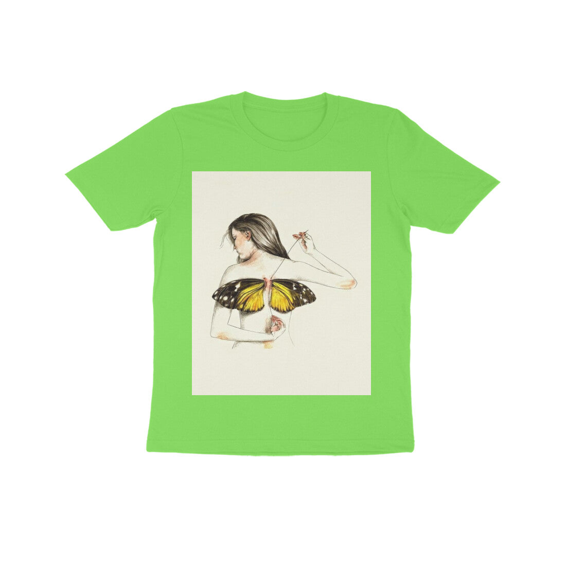 Front View - Metamorphosis Stitch — Kids Tee Liril Green