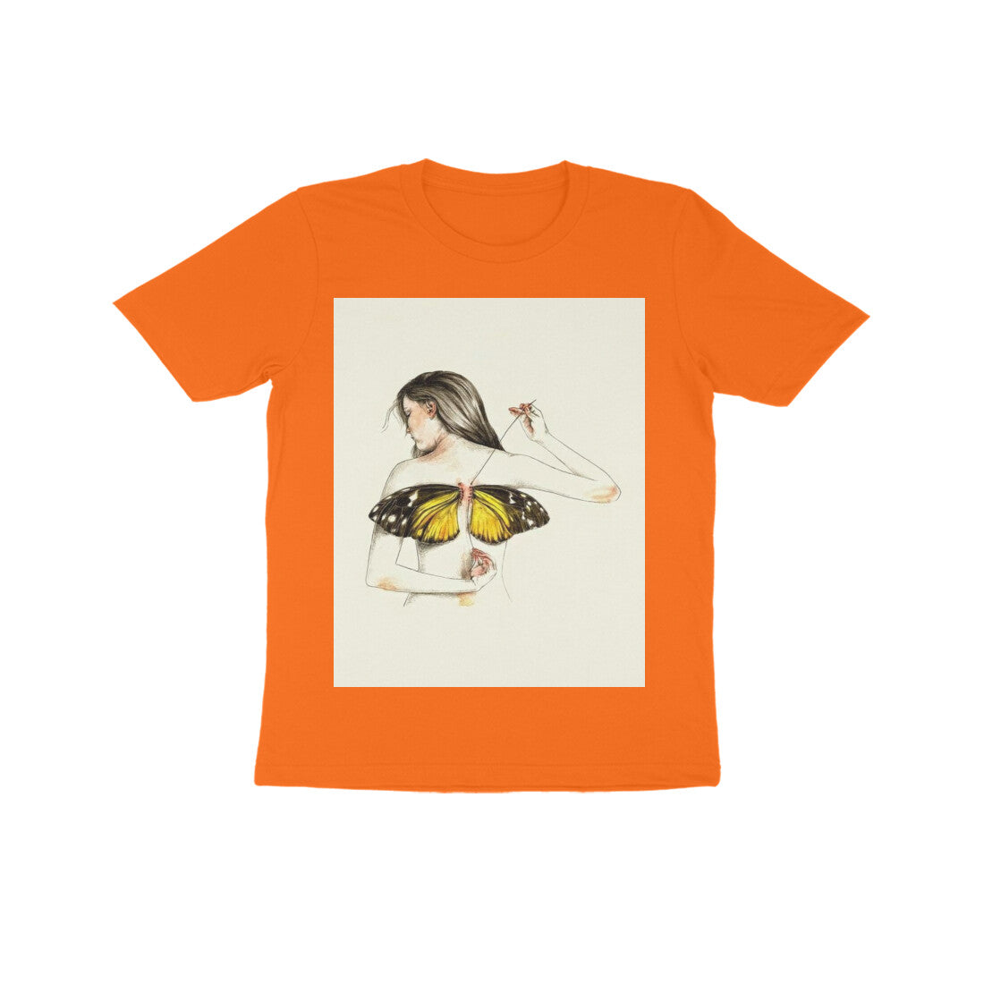 Front View - Metamorphosis Stitch — Kids Tee Orange