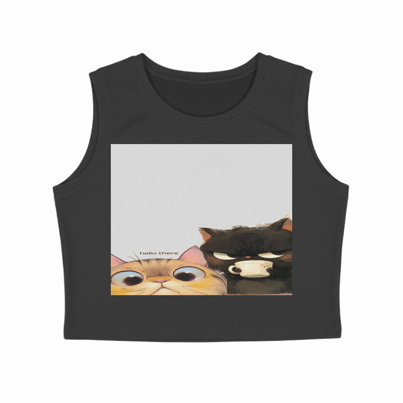 Front View - Feline Friends — Crop Tank Top Black