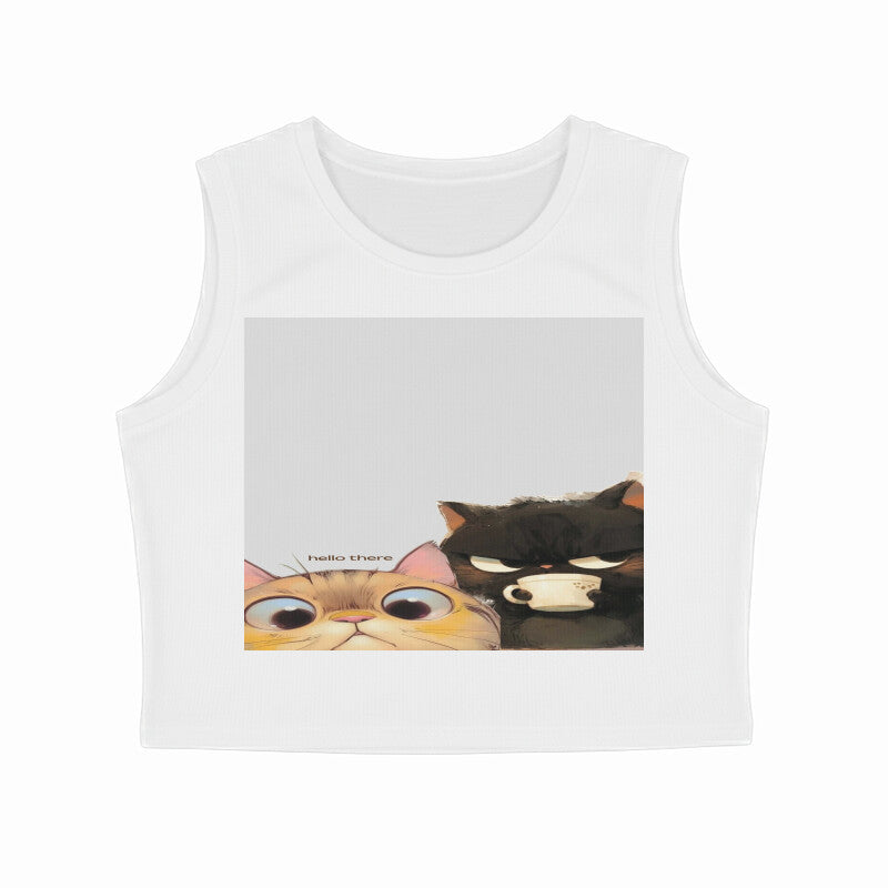 Front View - Feline Friends — Crop Tank Top White