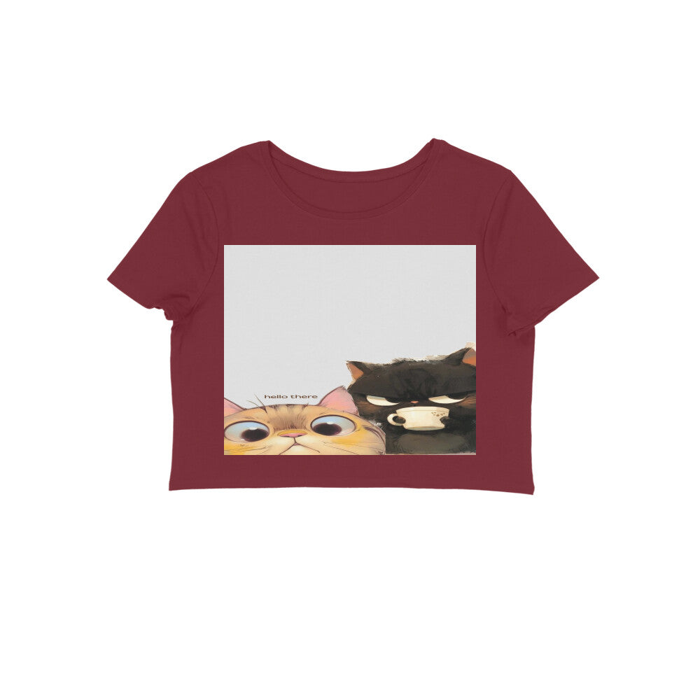 Front View - Feline Friends — Crop Top Maroon