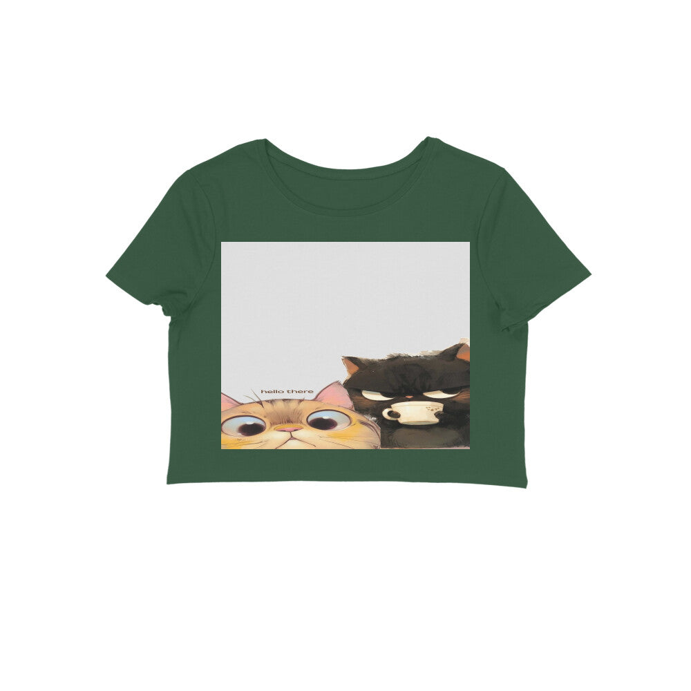 Front View - Feline Friends — Crop Top Olive Green