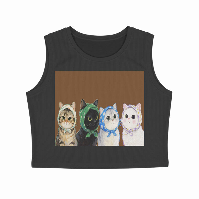 Front View - Whisker Buddies — Crop Tank Top Black
