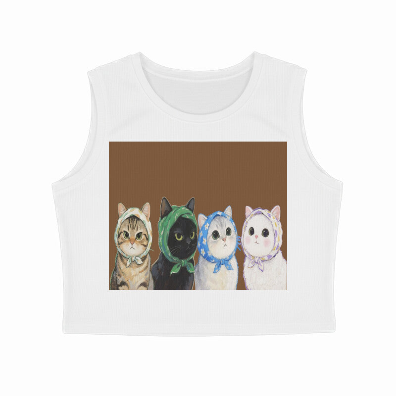 Front View - Whisker Buddies — Crop Tank Top White