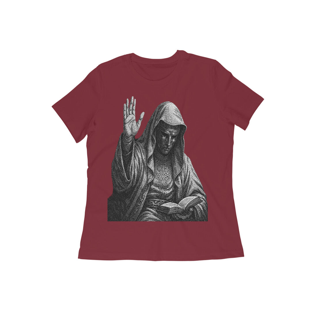 Front View - The Silent Rishi — Women’s Tee Maroon