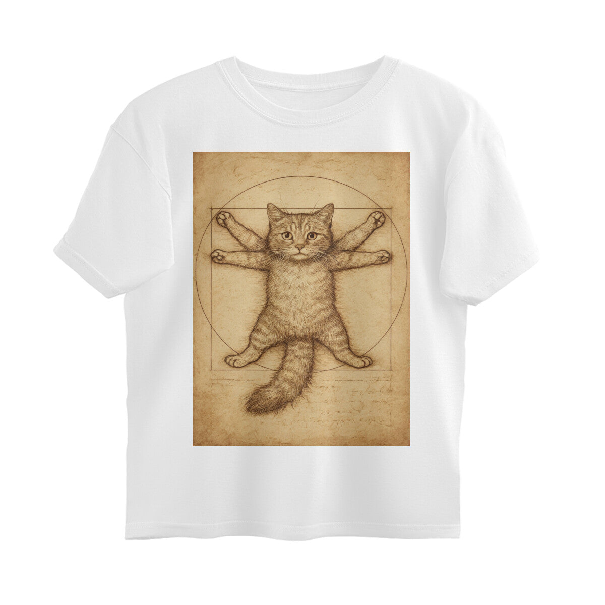 Front View - Feline Vitruvian — Oversized Tee White