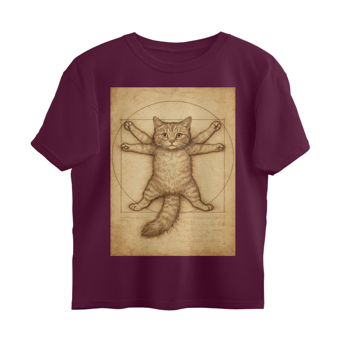 Front View - Feline Vitruvian — Oversized Tee Burgundy