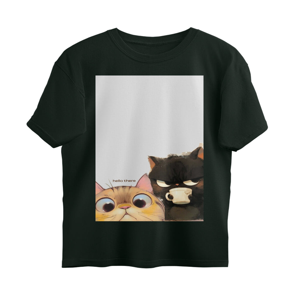 Front View - Feline Friends — Oversized Tee Bottle Green