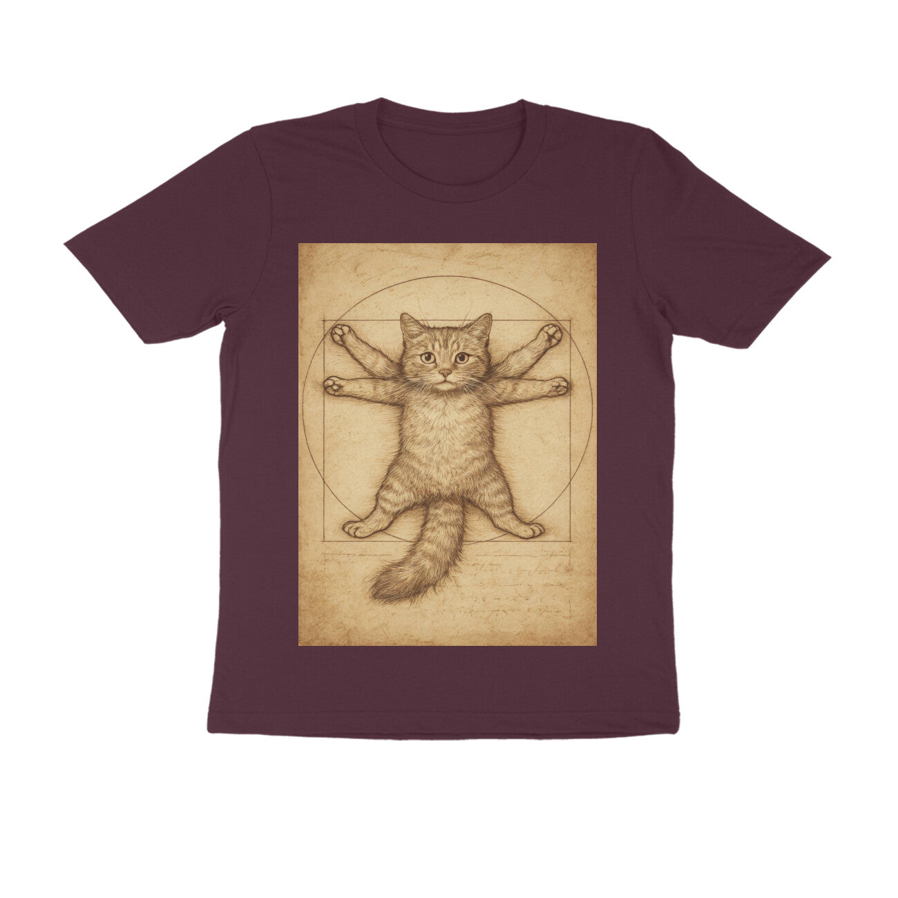 Front View - Feline Vitruvian — Regular Fit Tee Burgundy
