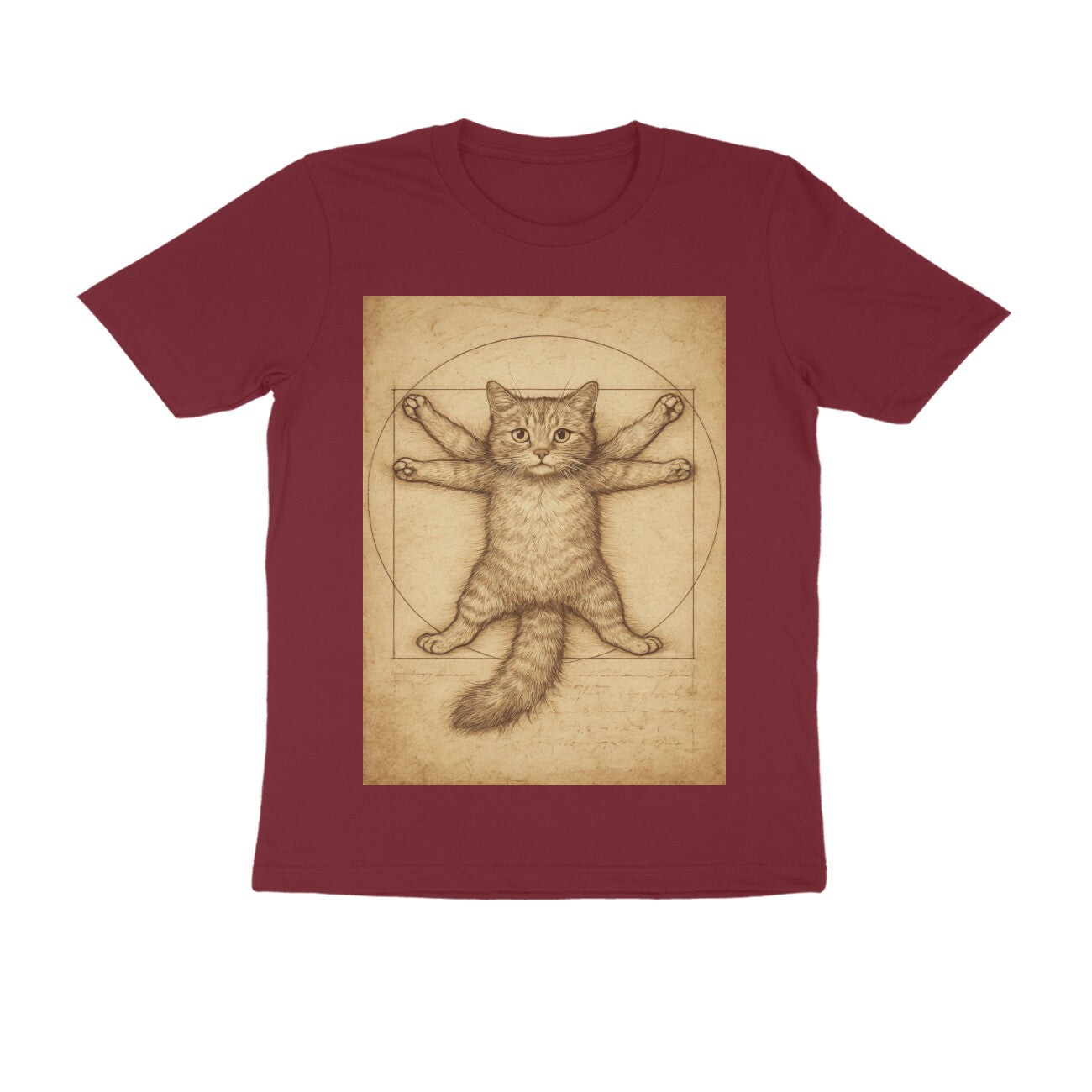 Front View - Feline Vitruvian — Regular Fit Tee Maroon