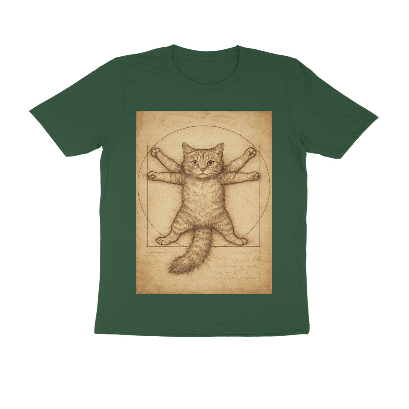 Front View - Feline Vitruvian — Regular Fit Tee Olive Green