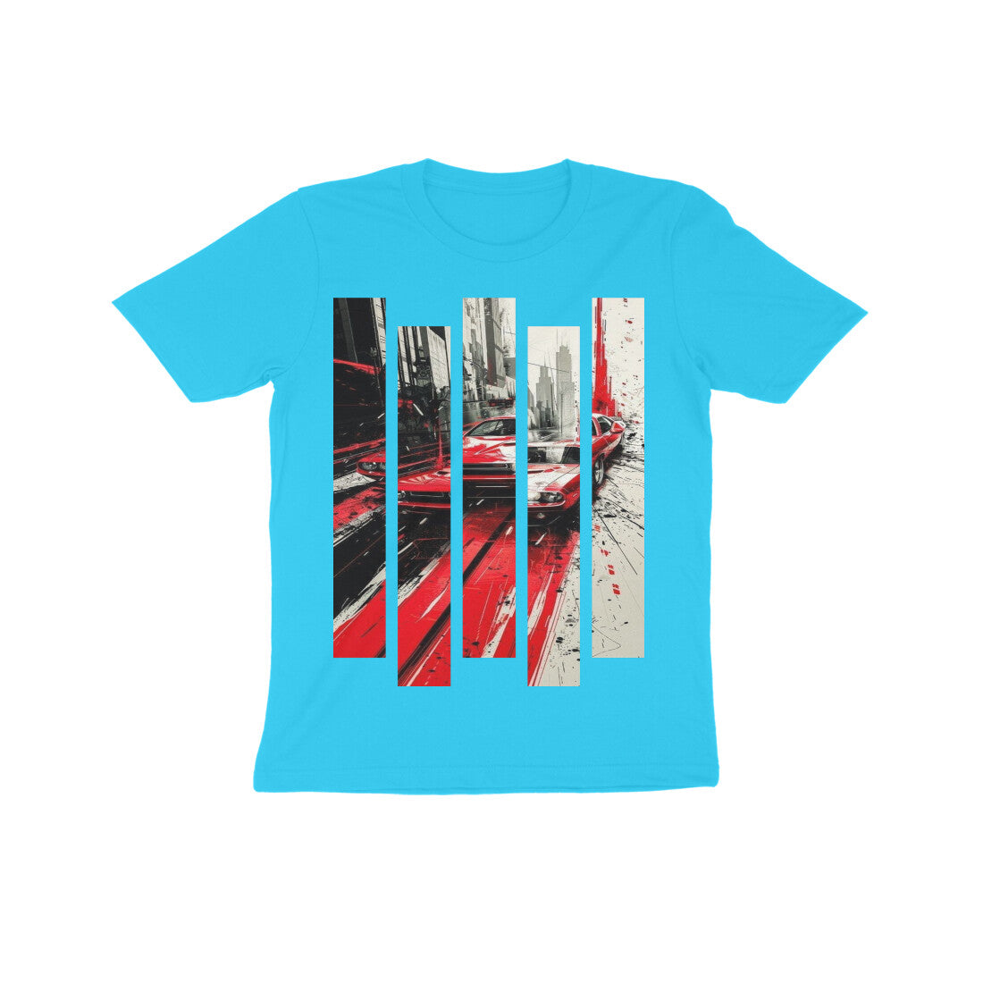 Front View - Crimson Velocity — Kids Tee Sky Blue