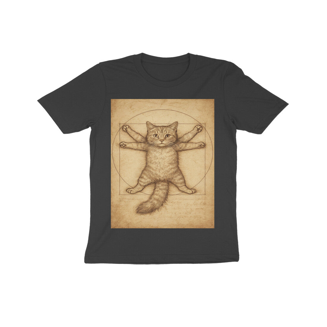 Front View - Feline Vitruvian — Kids Tee Black