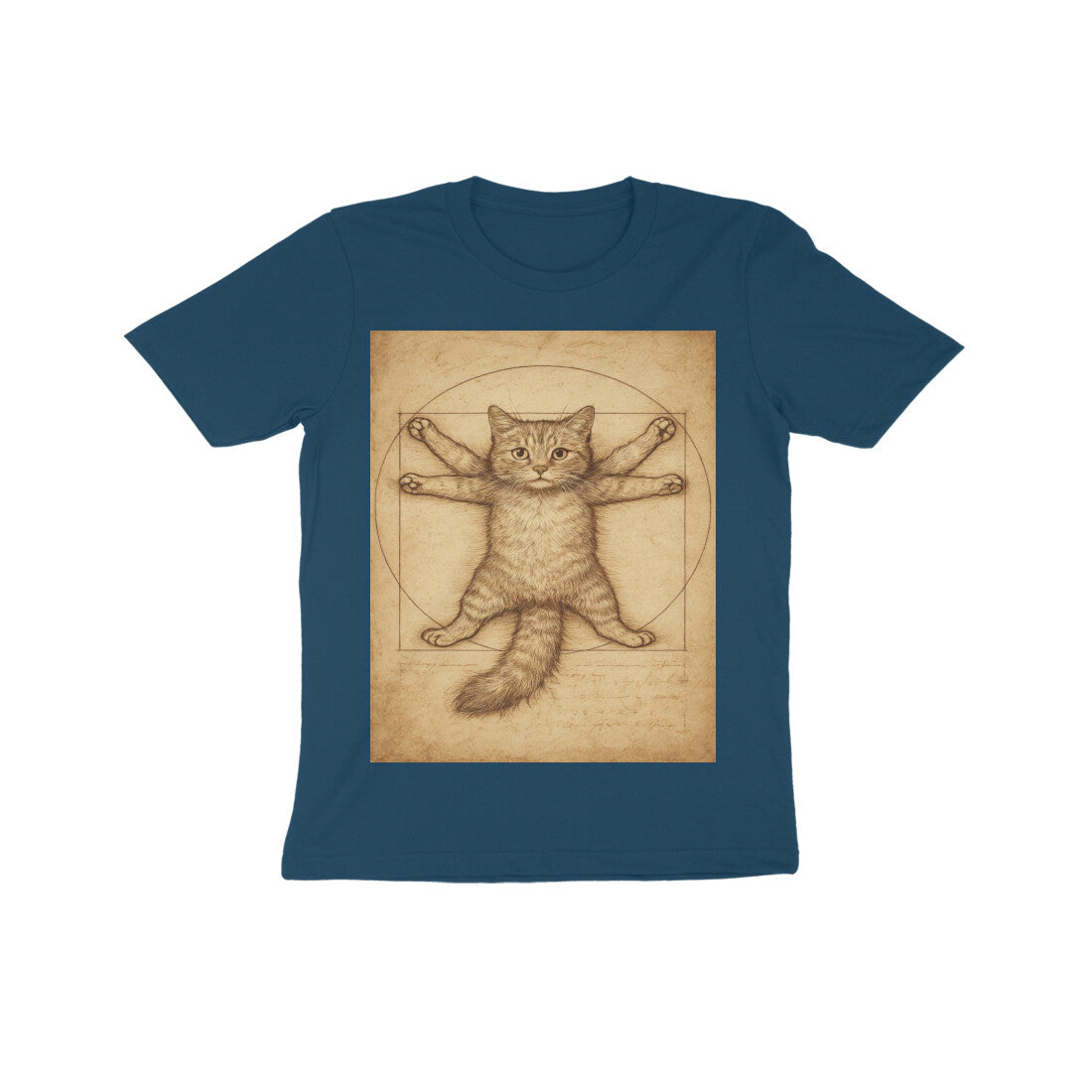 Front View - Feline Vitruvian — Kids Tee Navy Blue