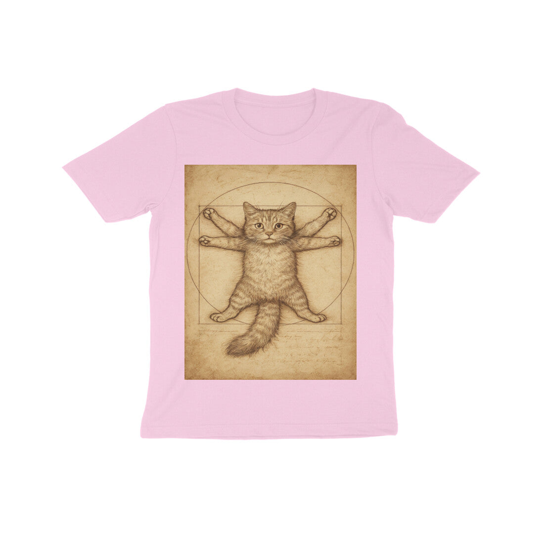 Front View - Feline Vitruvian — Kids Tee Light Pink