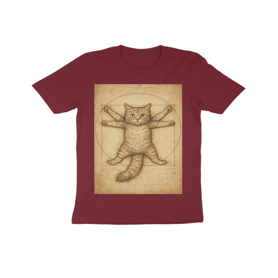 Front View - Feline Vitruvian — Kids Tee Maroon