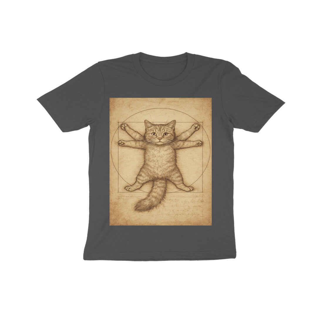 Front View - Feline Vitruvian — Kids Tee Charcoal Grey