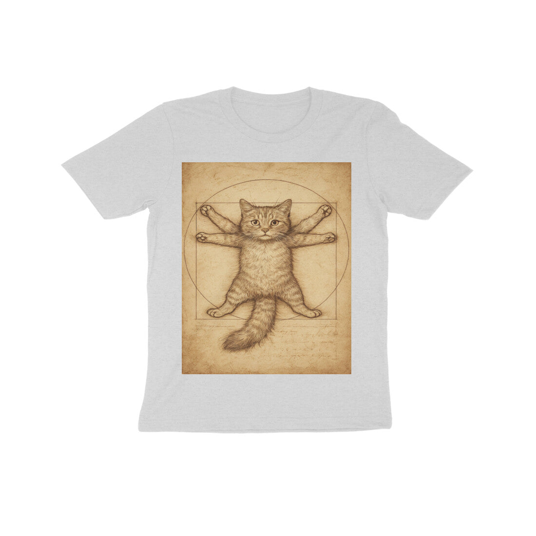 Front View - Feline Vitruvian — Kids Tee Melange Grey
